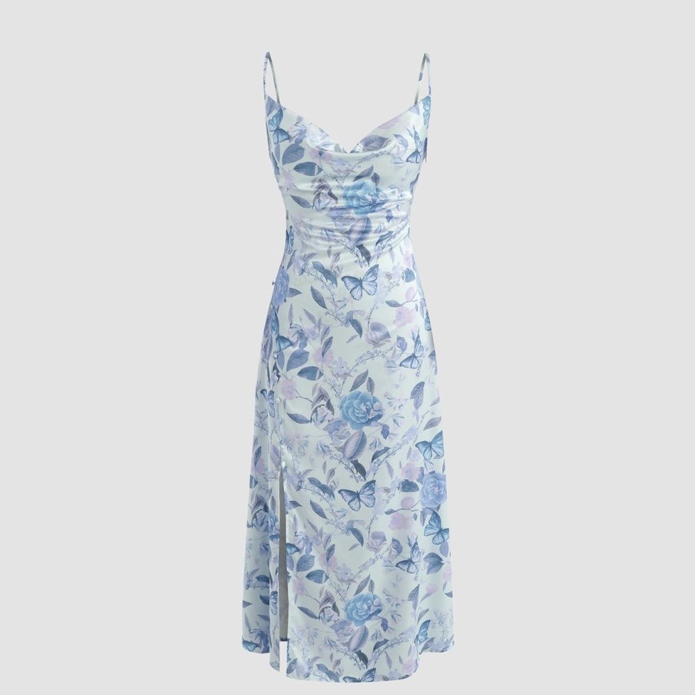 Cowl Neck Butterfly & Floral Maxi Dress